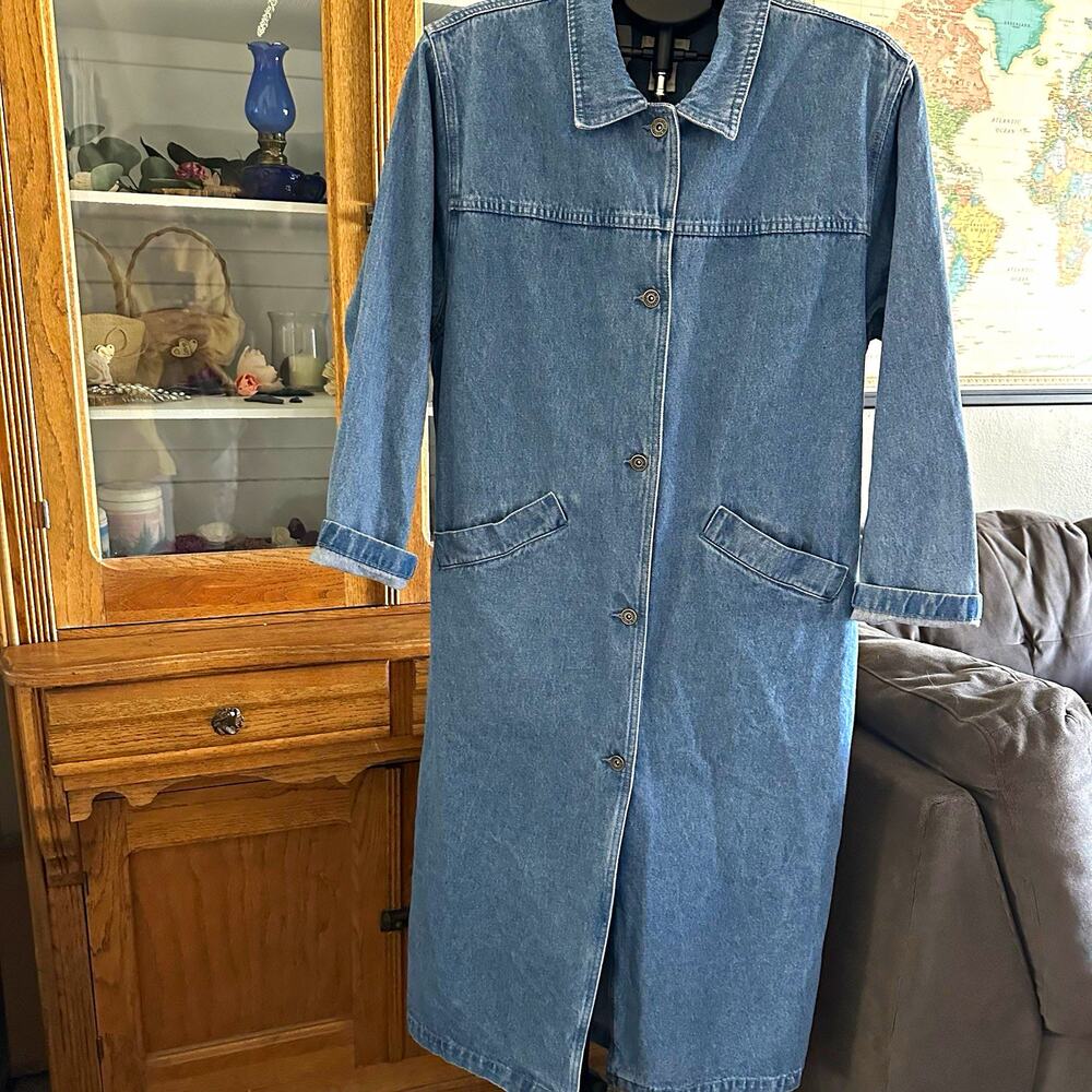 Vintage 90s Christopher & Banks Denim Duster Coat M Long Maxi Jean Jacket